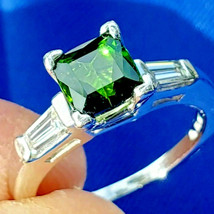 Earth mined Tourmaline Diamonds Deco Engagement Ring Platinum Solitaire Bridal - $5,172.64 CAD