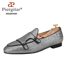 New Style Square Glitter Silver Belgian Loafers Double-Monk Moccasins With Leath - £240.08 GBP