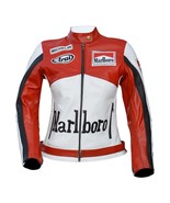 Marlboro Vintage Racing Lederjacke DAMEN Weiß &amp; Rot XXS bis 2XL - £116.99 GBP