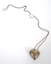 Vintage Large Sterling Silver Etched Puffy Heart Pendant Necklace 30 &quot; - £41.48 GBP