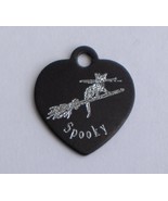 HEART SHAPE PERSONALISED BLACK CAT ID TAG WITH CAT ON WITCHES BROOMSTICK - $374.40 MXN