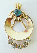 Vtg Aqua Blue &amp; White Prong Set Rhinestone &amp; Gold Tone Pendant Art Deco Style - £13.39 GBP