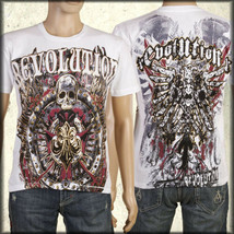 Revolution Skull Fleur Emblem Foil Rock Metal Moto UFC MMA Mens T-Shirt White - £24.32 GBP