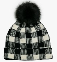 Black White Buffalo Check Pom Pom Knit Beanie Hat - £19.61 GBP