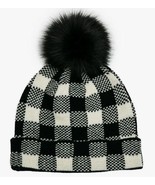 Black White Buffalo Check Pom Pom Knit Beanie Hat - £19.44 GBP