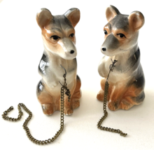 2 Vintage Miniature Porcelain Dog Figurines with Chains 2-7/8&quot; Shepherd Puppies - £13.70 GBP