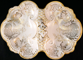 Porcelain Divided Relish Dish Center Handle Gold Trim &amp; Design - £25.94 GBP