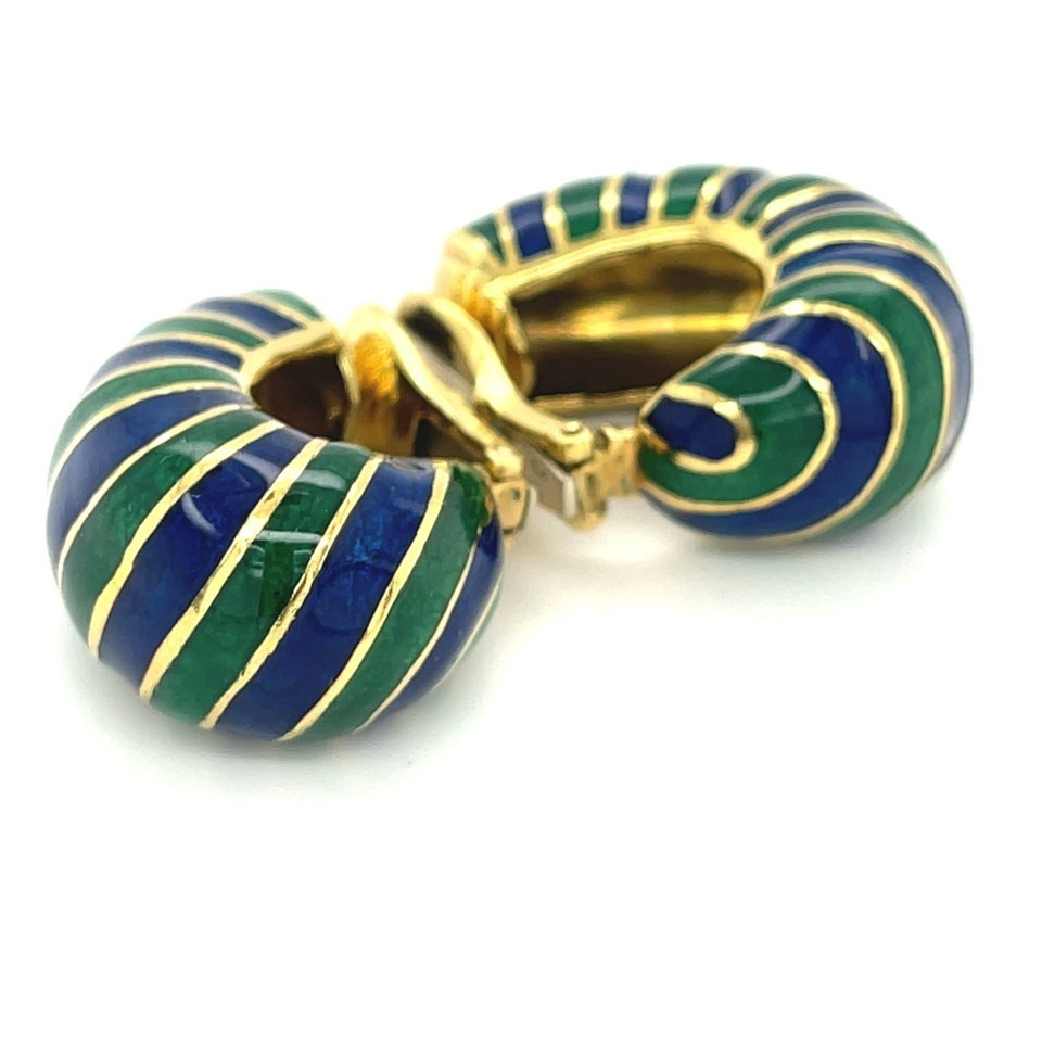 David Webb 18k Yellow Gold Blue and Green Enamel Huggie Earrings Gorgeous! Item image 10