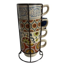 Pier 1 One Imports 4 Stackable Coffee Tea Mugs Cups Metal Rack Floral Az... - £38.67 GBP