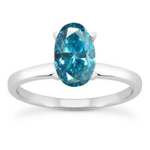 Blue Oval Shape Diamond Solitaire Ring Treated 14K White Gold SI2 1.43 Carat - £1,404.13 GBP