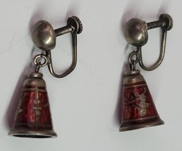 VTG Sterling Silver Siam Buddhist Temple Bells Earrings Red Glass Enamel Rare - £38.04 GBP