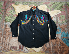 Vtg 1990s Southwest NAVAJO Beaded Fringe Embroidered CACTUS Black Shirt ... - $77.40