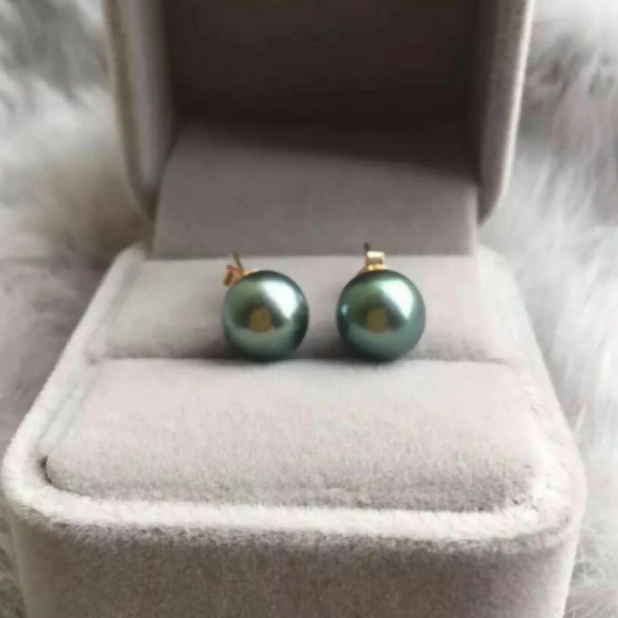 12mm Natural black green Tahitian round pearl 14K gold earrings CARNIVAL... - £20.51 GBP
