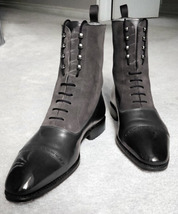 High Ankle Pointed Cap Toe Gray Black Handmade Genuine Leather Stylish Boots - £136.23 GBP