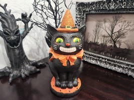 Halloween Witch Black Cat With Orange Cape Figurine Statue Tabletop Deco... - $34.99
