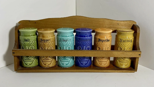 Vintage Tiki Spice Rack Westwood Tiki Japan set of 6 spice jars and rack - $55.00