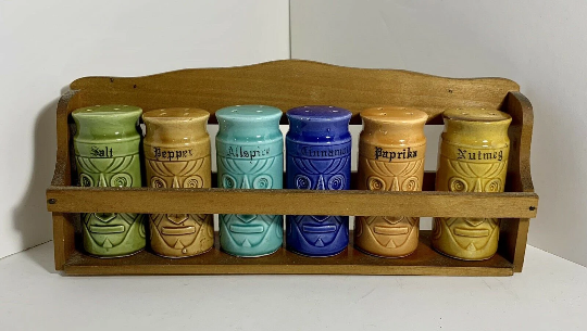 Vintage Tiki Spice Rack Westwood Tiki Japan set of 6 spice jars and rack - $70.00