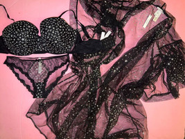 Victoria&#39;s Secret 38DDD Bra Set+M panty+M/L Robe Black Silver Stars Embroidered - £157.68 GBP