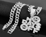 Large CZ Bling No Days Off Silver Pendant Iced 12mm Cuban Chain Necklace... - $25.73