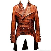 Men Gothic Tailcoat Steampunk Victorian Real Brown Leather Trench Long Coat - £90.95 GBP