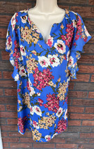 Umgee USA Small Blue Floral Split V-Neck Ruffle Short Sleeve Dress Lined... - $5.70