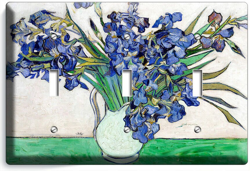 VINCENT VAN GOGH IRISES FLOWERS WHITE VASE 3 GANG LIGHT SWITCH PLATES ROOM DECOR