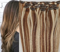 18&quot;,20&quot;,22&quot;,24&quot; 100% Remy Human Highlighted Hair Extensions 7Pcs Clip in #6/613  - £31.14 GBP+