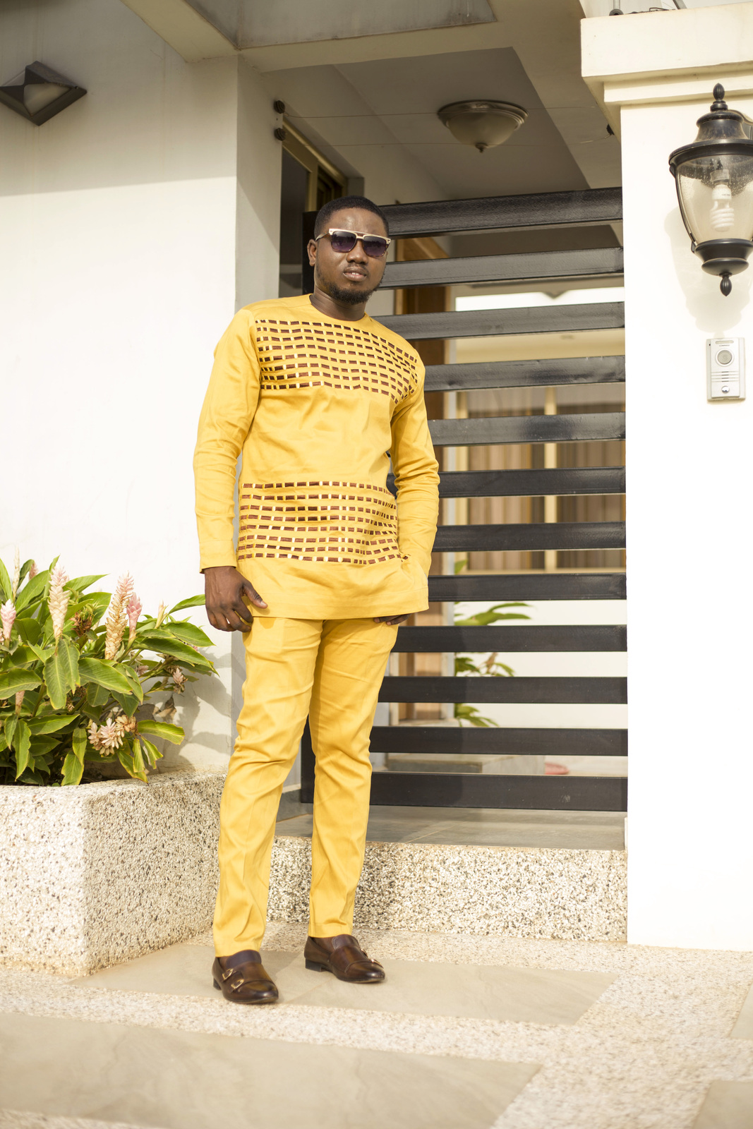 Men&#39;s Embroidered Gold and Brown Long Sleeve Shirt and Pants African Clo... - $89.99