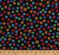 Cotton Colorful Pawprints on Black Paws Dogs Fabric Print by the Yard D754.16 - £10.34 GBP