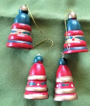 4 Wooden Bell-Shaped Christmas Tree Ornaments Hand Painted Vintage 1 3/4&quot; Tall - $8.90