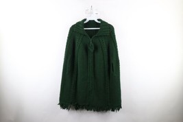 Vintage 50s 60s Boho Chic Womens OS Crochet Cable Knit Fringed Cape Sweater USA - £62.24 GBP