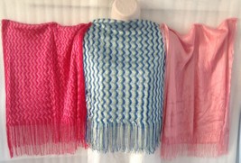 Shawl Scarf Chevron Silky Blue Pink White Rose Knit Wrap Fringe Tassel X 3 New - £25.47 GBP