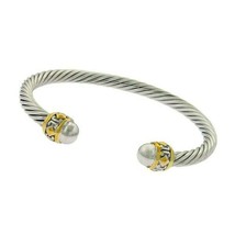 Sterling Silver Antique Style Gold Plated Piping with White Pearls Edges Bangle - £150.56 GBP