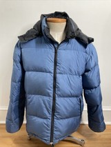 Vtg 90s Lands End M 38-40 Blue Black Reversible Goose Down Hood Jacket Coat - £29.78 GBP