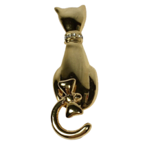 AAI Signed Cat Brooch Pin Gold Tone Rhinestone with Moveable Tail Vintage - £19.12 GBP