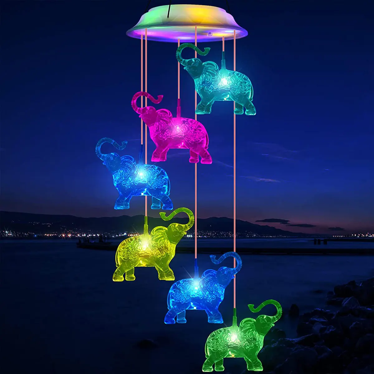 LED Solar Wind Chime Lamp Owl Elephant Wind Chime Lamp Pendant Wind Chime Decora - £59.63 GBP
