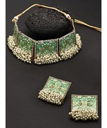 Meenakari Peacock Inspired Cluster Pearls Choker Necklace &amp; Earring Set - $73.86 CAD