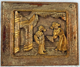 Chinese Gilt Wood Sculpte Panel Good Relief People Old Wax Seal on Back ... - $64.99