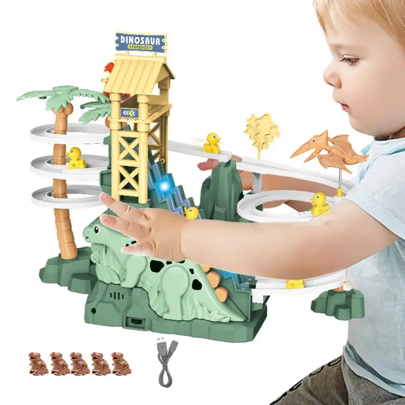 Electric Race Track Roller Coaster Slide Stairs Toy Little Dinosaur Climbing - £28.62 GBP+