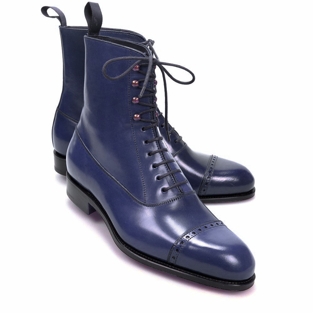 New Handmade Ankle High Boots Navy LaceUp Cap toe Leather Boots Party Boot Men'