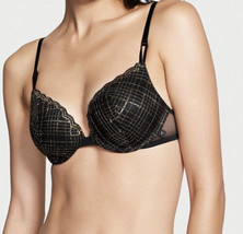 New Victoria’s Secret Sexy Tee Push Up Sparkle Gold Lace Padded Bra Black 36DD - £20.57 GBP