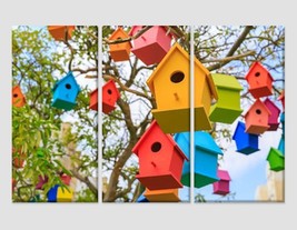 Colorful Birdhouses on a Mandarin Tree Canvas Print Bird Lover Gift Abstract Wal - £39.50 GBP