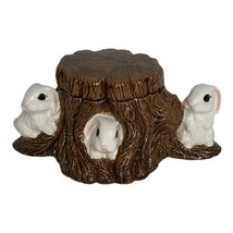 Vintage Ceramic Bunny Rabbits Tree Stump Trinket Box Covered Dish Candy ... - £22.42 GBP