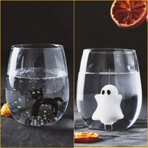 Anthropologie Eerie Stemless Wine Glass Ghost Cat Halloween SET of 2 - £51.02 GBP