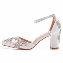 Women 7CM Thick High Heels Sexy Pumps White Luxury Rhinestone Wedding Bride Shoe - £58.79 GBP