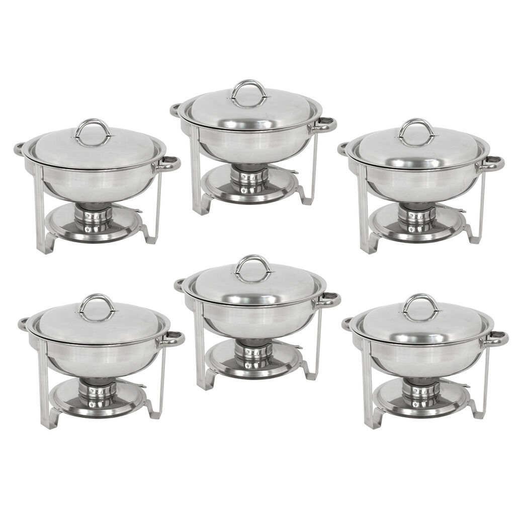 6 Pack Round Chafing Dish 5 Quart Stainless Steel Full Size Tray Buffet Catering
