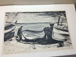 Fisherman on Torremolinos Print Spain 1957 Signed  by Earl Gross Matted 9/80 - £40.75 GBP