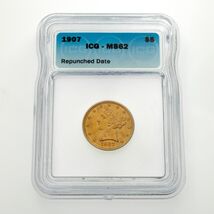 1907 $5 Gold Liberty Repunched Date Graded by ICG as MS62 - $4,735.52
