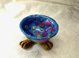 Ring Bowl Footed Trinket DishDotted  Handmade Polymer Clay Fantasy  Multicolor - £14.94 GBP