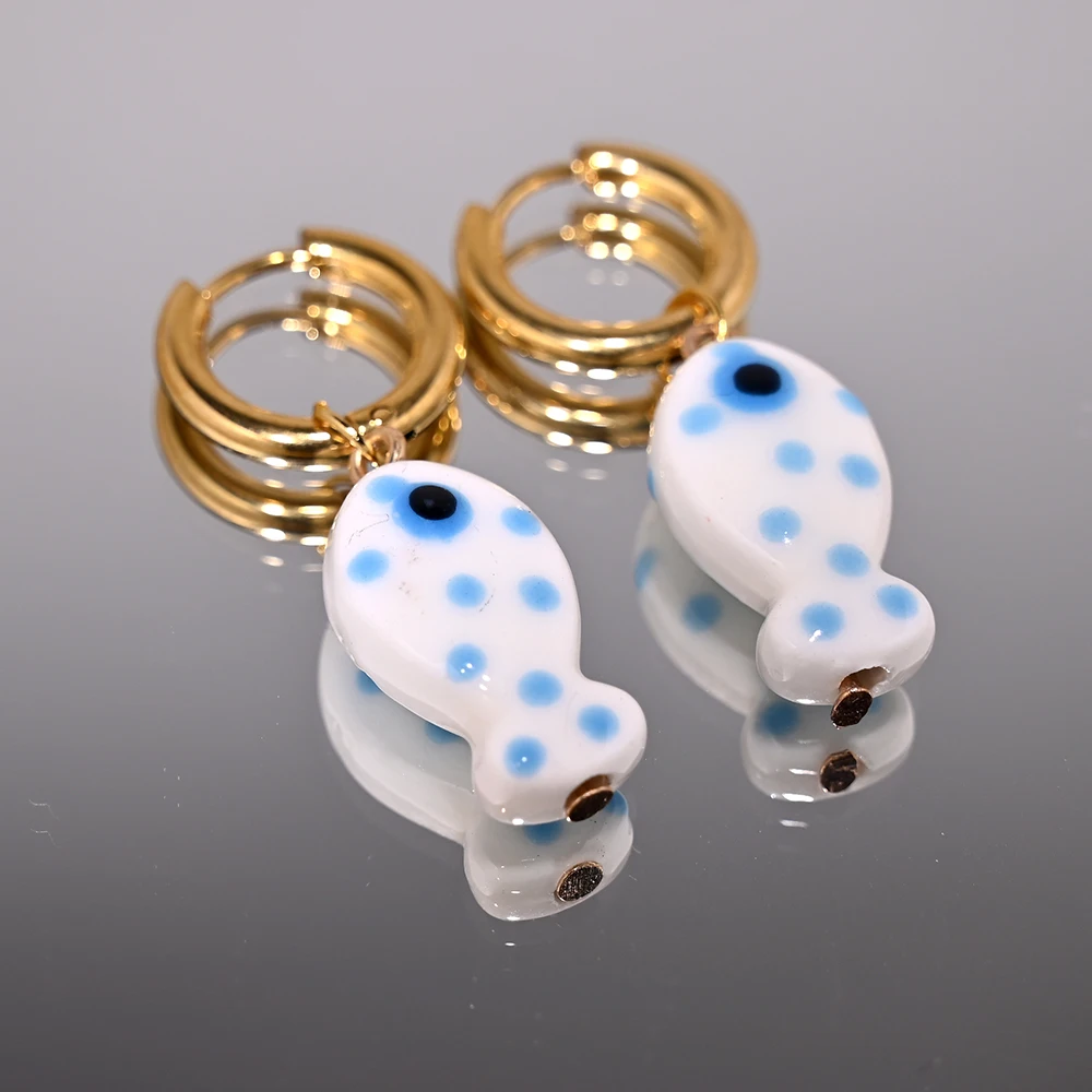 Ceramic Fish Pendant Golden Stainless Steel Hoop Earrings for Women 25xh... - $5.16